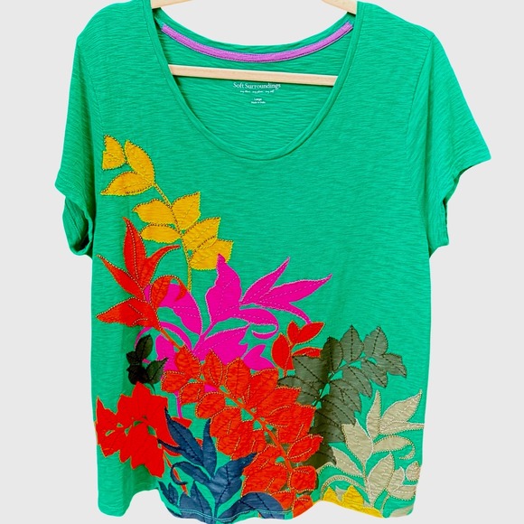 Soft Surroundings Tops - Soft Surroundings Floral Applique Tee Top Oversized Cotton Green Large